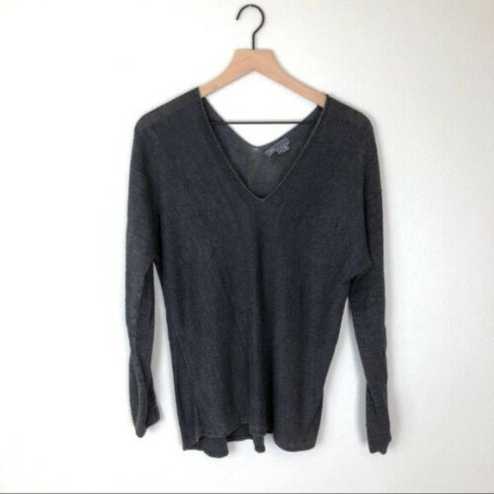Vince Double V Neck Linen Knit Sweater - Charcoal